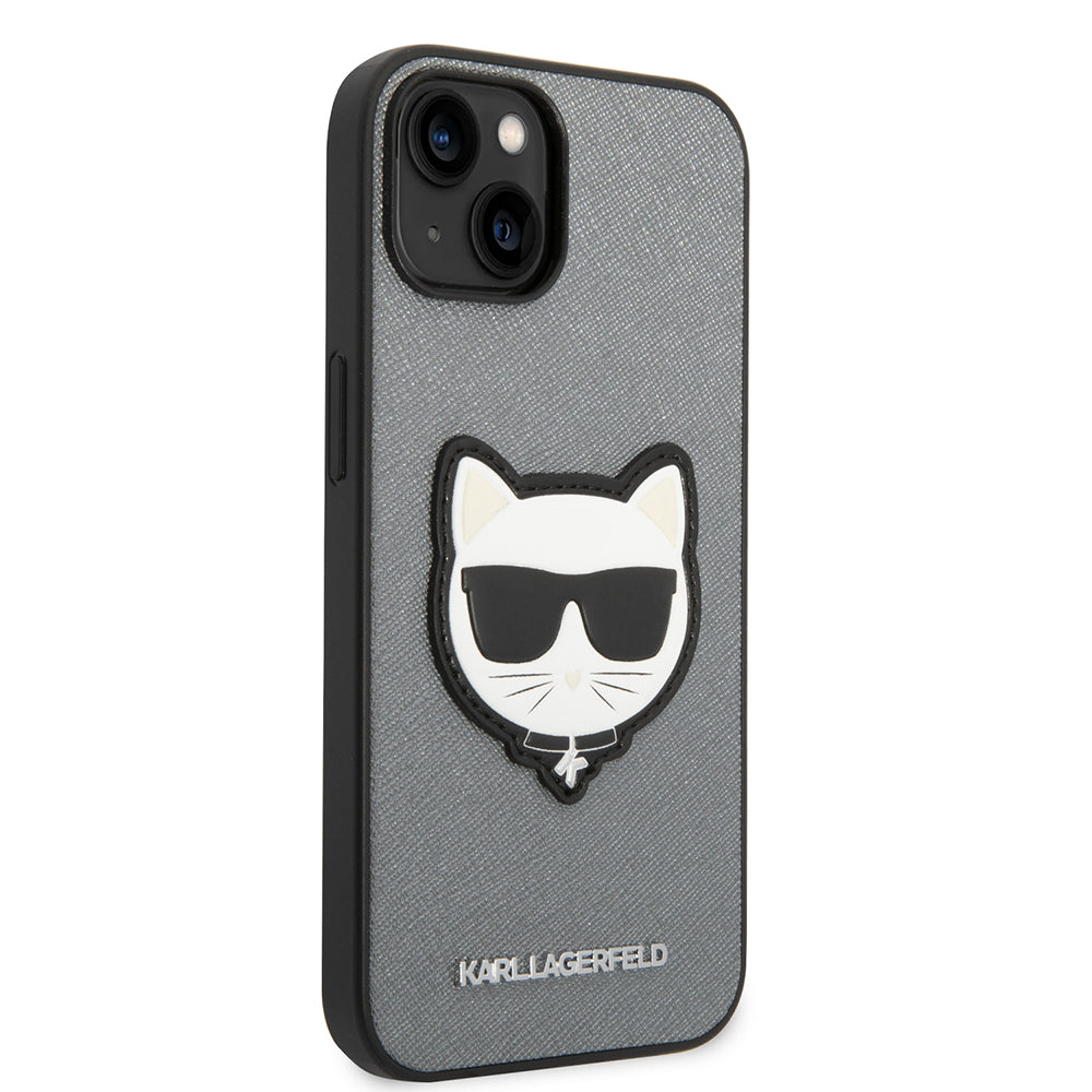 Hoes voor Apple iPhone 14, Karl Lagerfeld, Saffiano Choupette's Head, Zilverkleurig