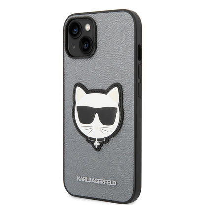 Hoes voor Apple iPhone 14, Karl Lagerfeld, Saffiano Choupette's Head, Zilverkleurig