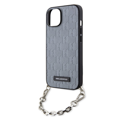 Hoes voor Apple iPhone 14, Karl Lagerfeld, Saffiano Monogram Chain, Zilverkleurig