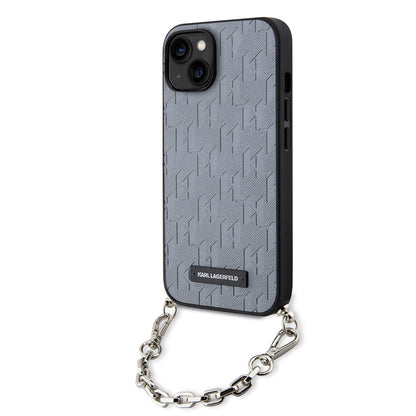 Hoes voor Apple iPhone 14, Karl Lagerfeld, Saffiano Monogram Chain, Zilverkleurig