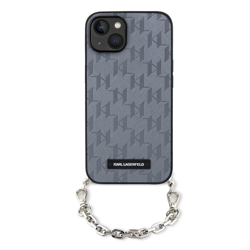 Hoes voor Apple iPhone 14, Karl Lagerfeld, Saffiano Monogram Chain, Zilverkleurig