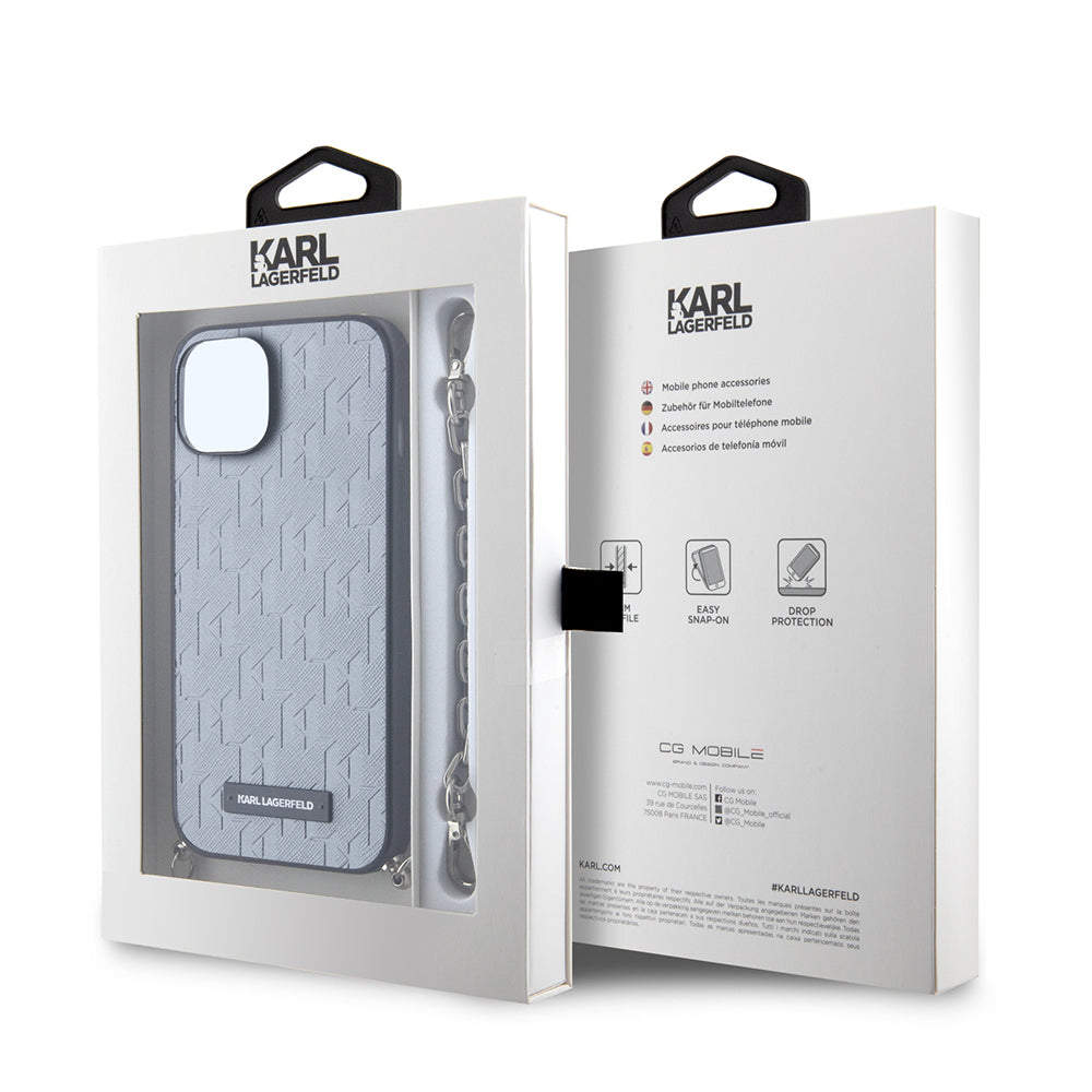 Hoes voor Apple iPhone 14, Karl Lagerfeld, Saffiano Monogram Chain, Zilverkleurig
