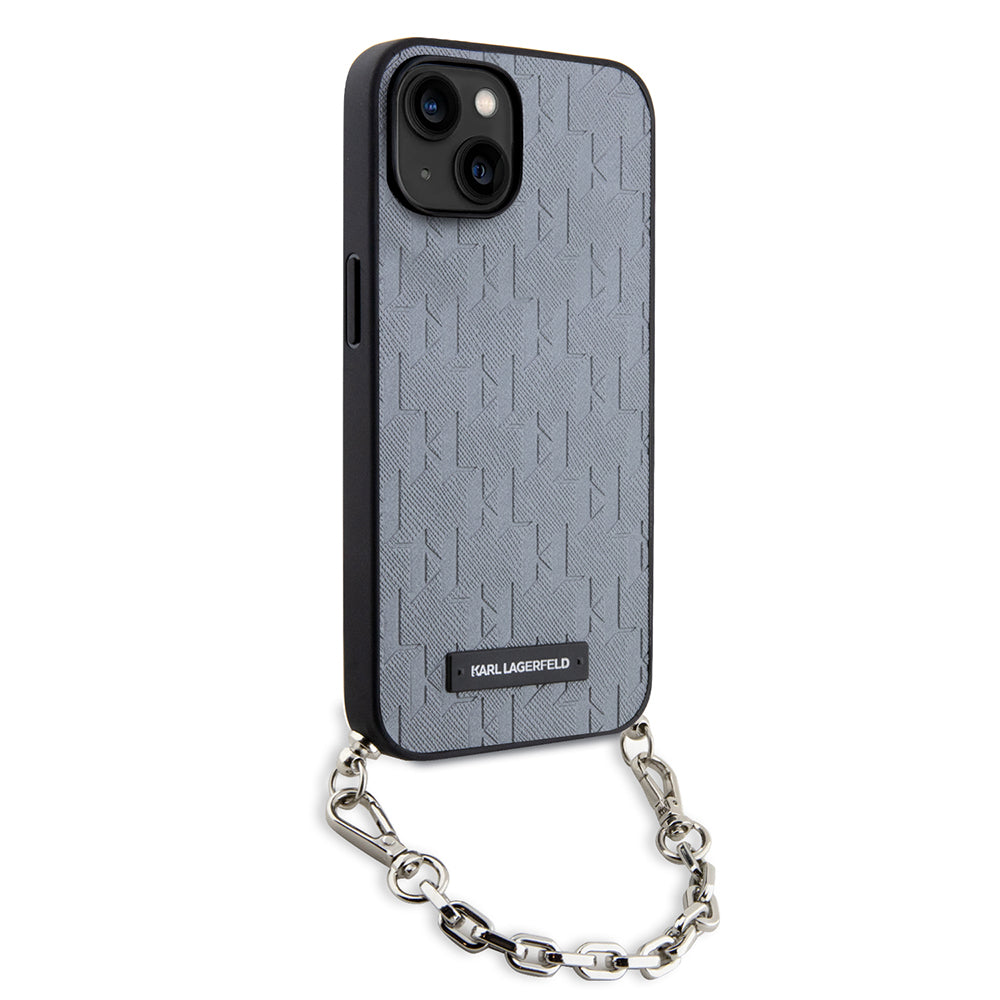 Hoes voor Apple iPhone 14, Karl Lagerfeld, Saffiano Monogram Chain, Zilverkleurig