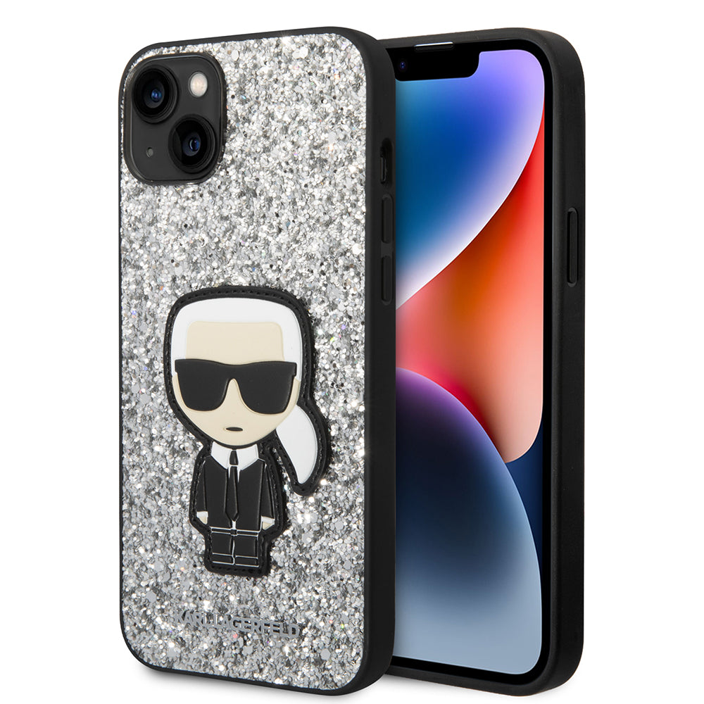 Hoes voor Apple iPhone 14 Plus, Karl Lagerfeld, Glitter Flakes Ikonik Karl, Zilverachtig