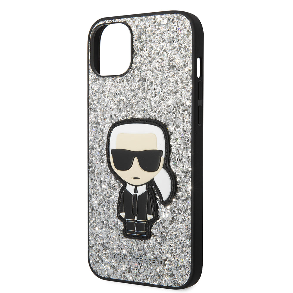 Hoes voor Apple iPhone 14 Plus, Karl Lagerfeld, Glitter Flakes Ikonik Karl, Zilverachtig