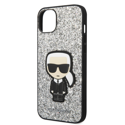 Hoes voor Apple iPhone 14 Plus, Karl Lagerfeld, Glitter Flakes Ikonik Karl, Zilverachtig