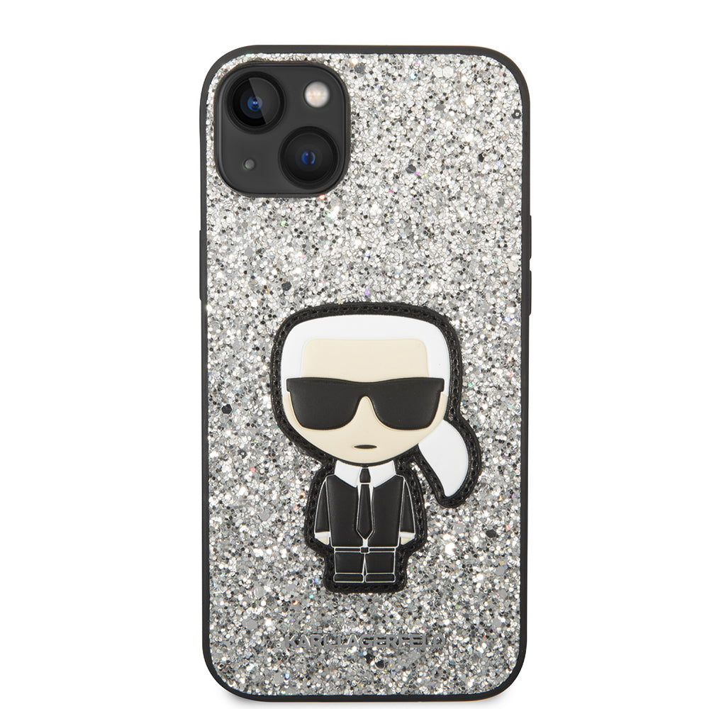 Hoes voor Apple iPhone 14 Plus, Karl Lagerfeld, Glitter Flakes Ikonik Karl, Zilverachtig