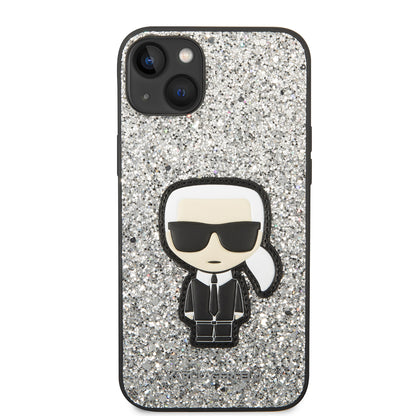 Hoes voor Apple iPhone 14 Plus, Karl Lagerfeld, Glitter Flakes Ikonik Karl, Zilverachtig