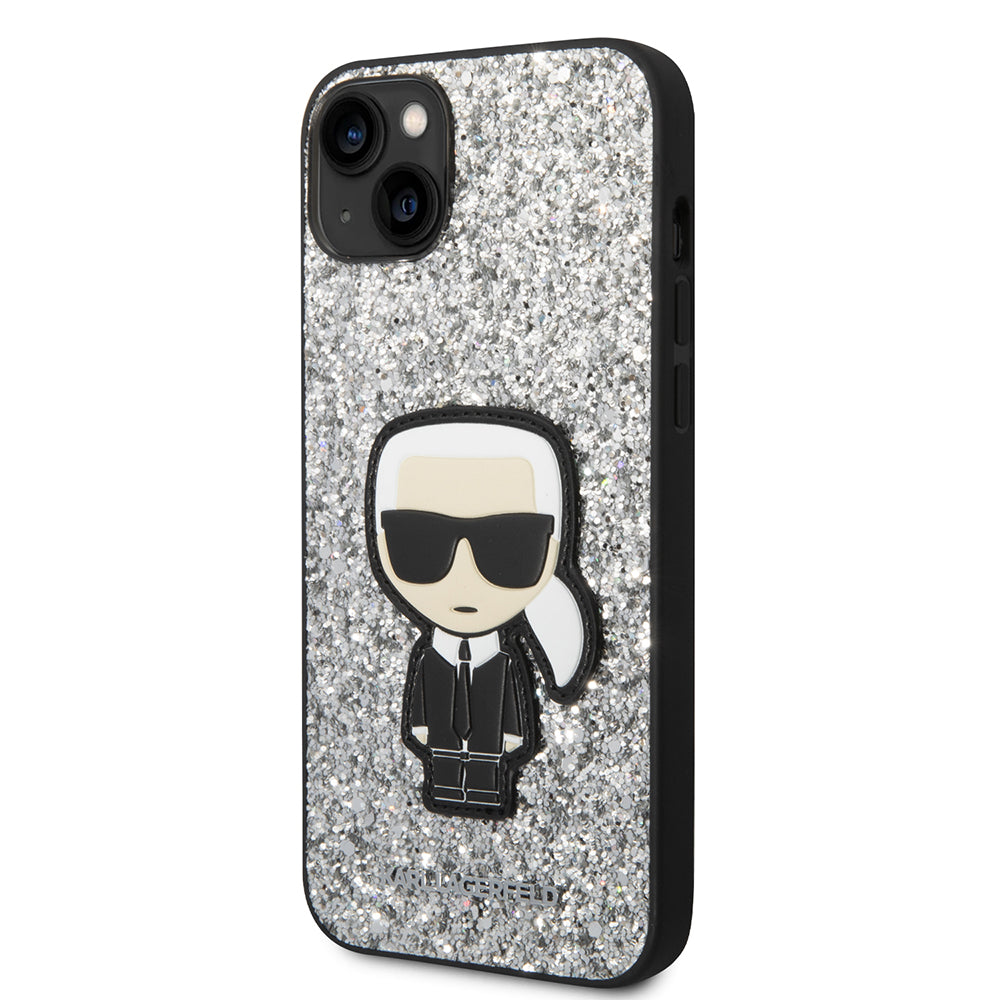 Hoes voor Apple iPhone 14 Plus, Karl Lagerfeld, Glitter Flakes Ikonik Karl, Zilverachtig