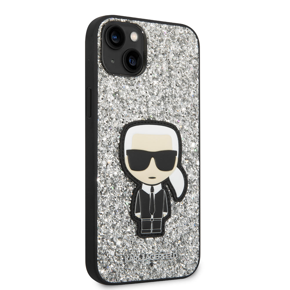 Hoes voor Apple iPhone 14 Plus, Karl Lagerfeld, Glitter Flakes Ikonik Karl, Zilverachtig