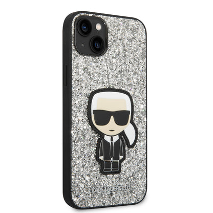 Hoes voor Apple iPhone 14 Plus, Karl Lagerfeld, Glitter Flakes Ikonik Karl, Zilverachtig