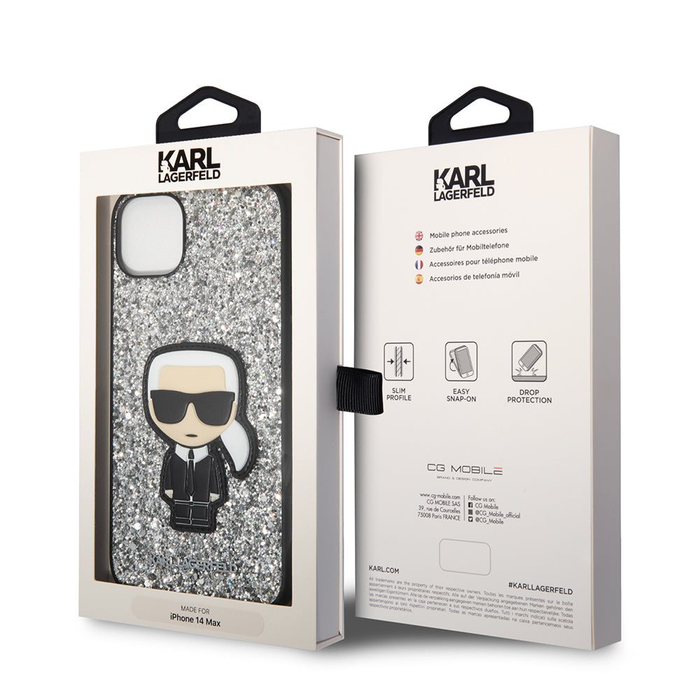 Hoes voor Apple iPhone 14 Plus, Karl Lagerfeld, Glitter Flakes Ikonik Karl, Zilverachtig