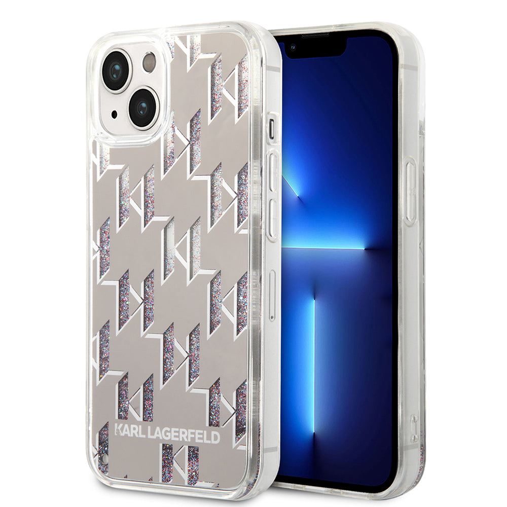 Hoes voor Apple iPhone 14 Plus, Karl Lagerfeld, Liquid Glitter Monogram, Zilverkleurig