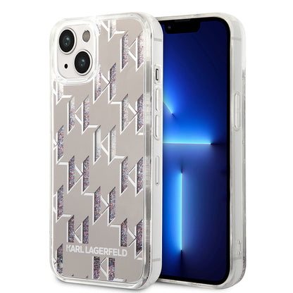 Hoes voor Apple iPhone 14 Plus, Karl Lagerfeld, Liquid Glitter Monogram, Zilverkleurig