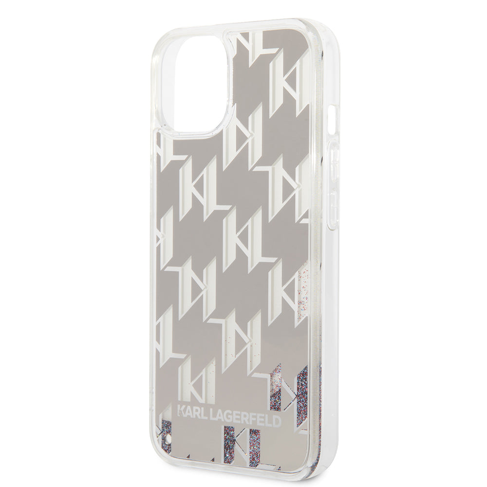 Hoes voor Apple iPhone 14 Plus, Karl Lagerfeld, Liquid Glitter Monogram, Zilverkleurig