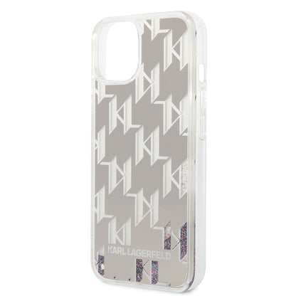 Hoes voor Apple iPhone 14 Plus, Karl Lagerfeld, Liquid Glitter Monogram, Zilverkleurig