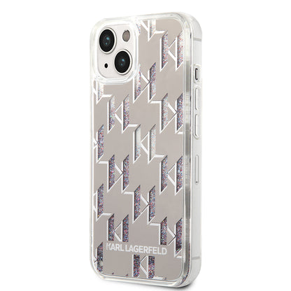 Hoes voor Apple iPhone 14 Plus, Karl Lagerfeld, Liquid Glitter Monogram, Zilverkleurig