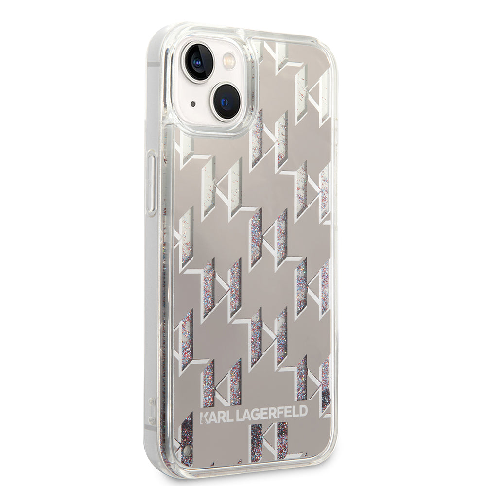 Hoes voor Apple iPhone 14 Plus, Karl Lagerfeld, Liquid Glitter Monogram, Zilverkleurig
