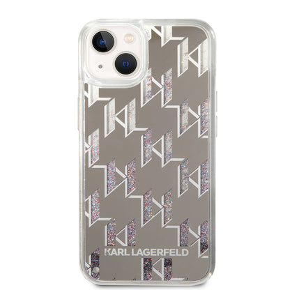 Hoes voor Apple iPhone 14 Plus, Karl Lagerfeld, Liquid Glitter Monogram, Zilverkleurig