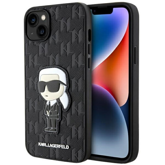 Hoes voor Apple iPhone 14 Plus, Karl Lagerfeld, Saffiano Monogram Ikonik Karl, Zwart