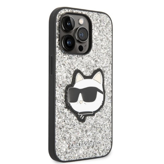 Hoes voor Apple iPhone 14 Pro, Karl Lagerfeld, Glitter Choupette Patch, Zilverkleurig