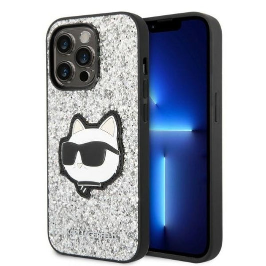 Hoes voor Apple iPhone 14 Pro, Karl Lagerfeld, Glitter Choupette Patch, Zilverkleurig
