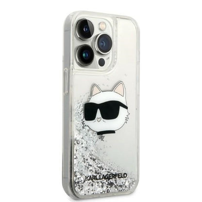 Hoes voor Apple iPhone 14 Pro, Karl Lagerfeld, Glitter Choupette's Head, Zilverkleurig