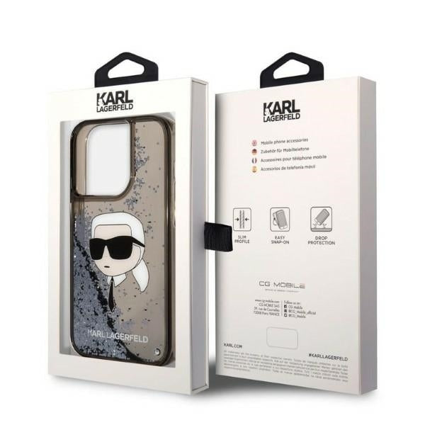 Hoes voor Apple iPhone 14 Pro, Karl Lagerfeld, Glitter Karl's Head, Zwart