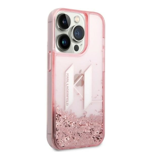 Hoes voor Apple iPhone 14 Pro, Karl Lagerfeld, Glitter Liquid Big KL, Roze