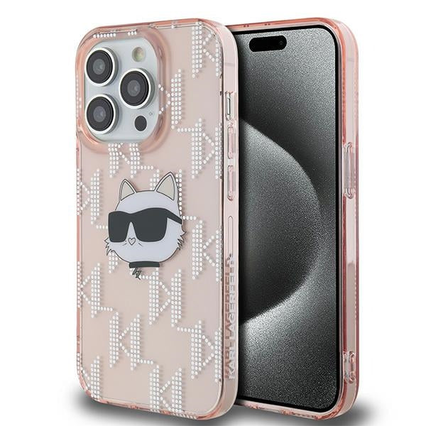 Hoes voor Apple iPhone 14 Pro, Karl Lagerfeld, IML Luxury Monogram Choupette's Head, Roze