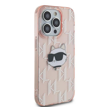 Hoes voor Apple iPhone 14 Pro, Karl Lagerfeld, IML Luxury Monogram Choupette's Head, Roze