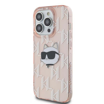 Hoes voor Apple iPhone 14 Pro, Karl Lagerfeld, IML Luxury Monogram Choupette's Head, Roze