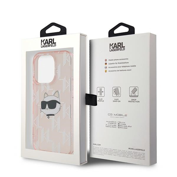 Hoes voor Apple iPhone 14 Pro, Karl Lagerfeld, IML Luxury Monogram Choupette's Head, Roze