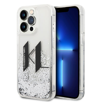 Hoes voor Apple iPhone 14 Pro, Karl Lagerfeld, Liquid Glitter Big KL, Zilverkleurig
