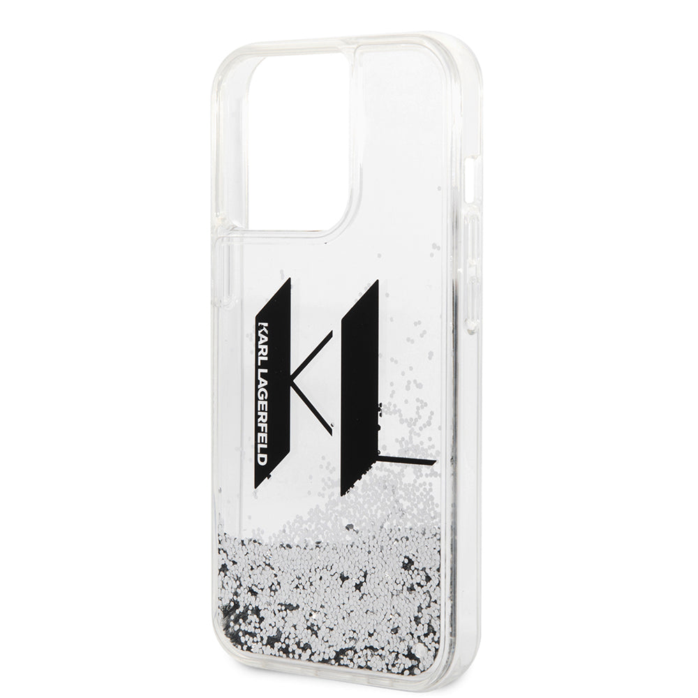 Hoes voor Apple iPhone 14 Pro, Karl Lagerfeld, Liquid Glitter Big KL, Zilverkleurig