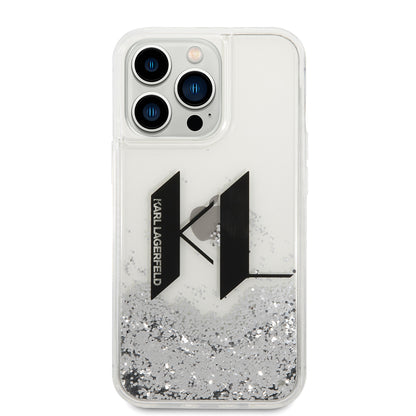 Hoes voor Apple iPhone 14 Pro, Karl Lagerfeld, Liquid Glitter Big KL, Zilverkleurig