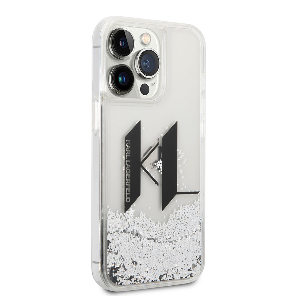 Hoes voor Apple iPhone 14 Pro, Karl Lagerfeld, Liquid Glitter Big KL, Zilverkleurig