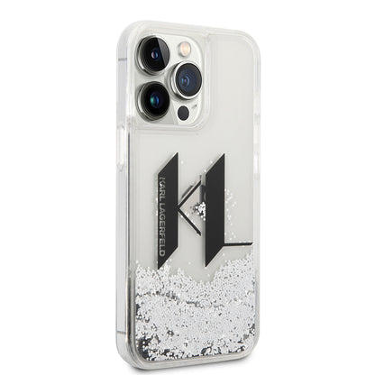 Hoes voor Apple iPhone 14 Pro, Karl Lagerfeld, Liquid Glitter Big KL, Zilverkleurig