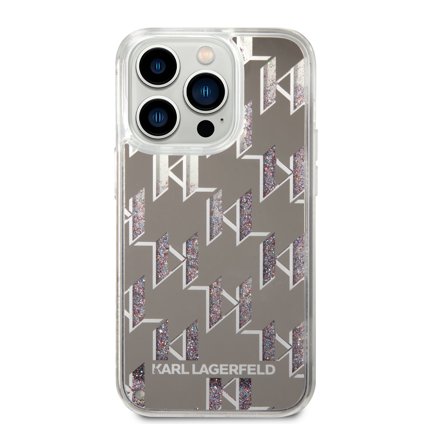 Hoes voor Apple iPhone 14 Pro, Karl Lagerfeld, Liquid Glitter Monogram, Zilverkleurig