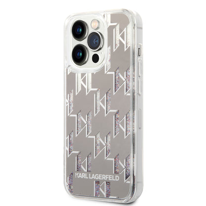 Hoes voor Apple iPhone 14 Pro, Karl Lagerfeld, Liquid Glitter Monogram, Zilverkleurig