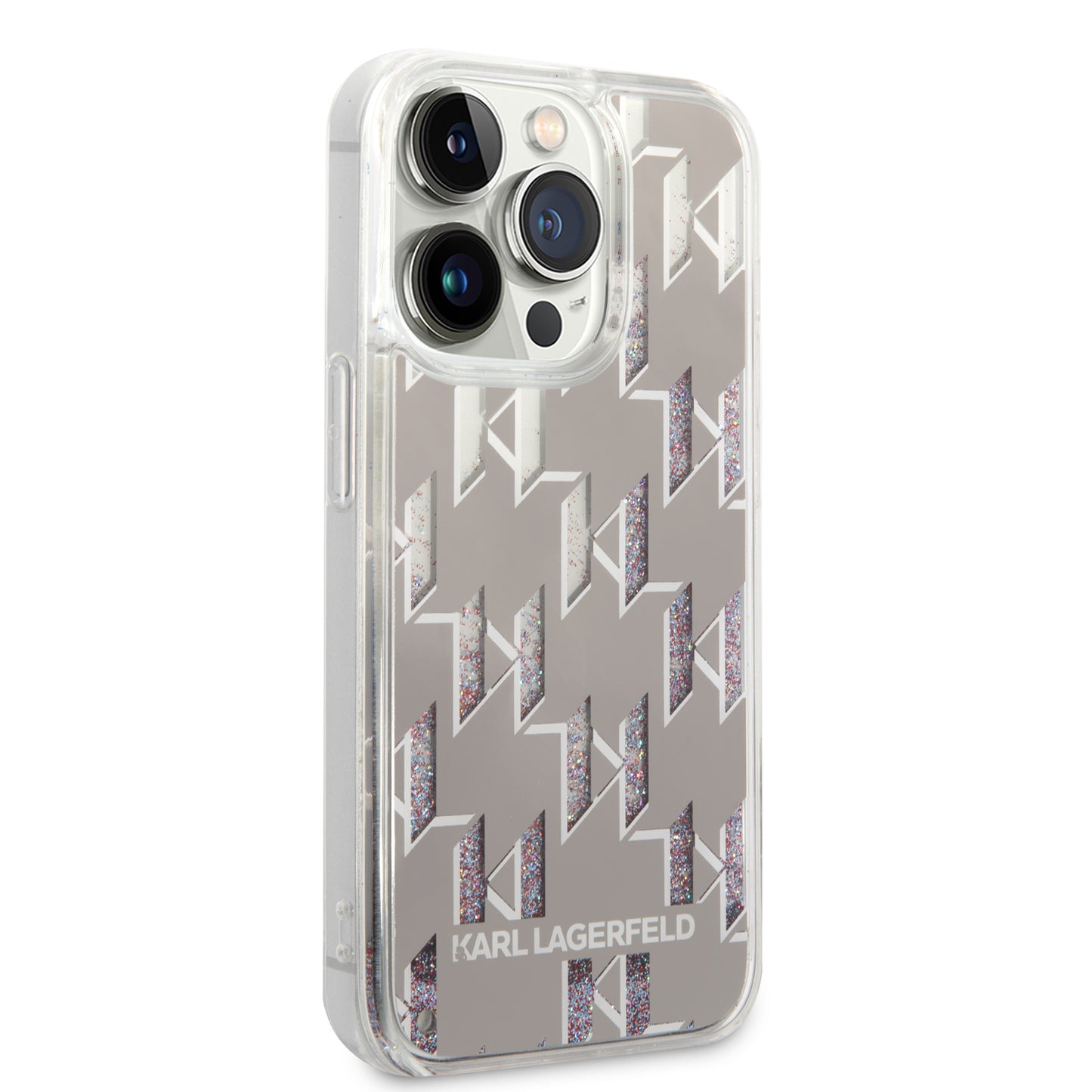 Hoes voor Apple iPhone 14 Pro, Karl Lagerfeld, Liquid Glitter Monogram, Zilverkleurig
