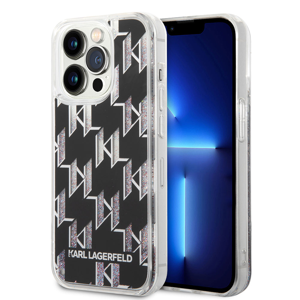 Hoes voor Apple iPhone 14 Pro, Karl Lagerfeld, Liquid Glitter Monogram, Zwart
