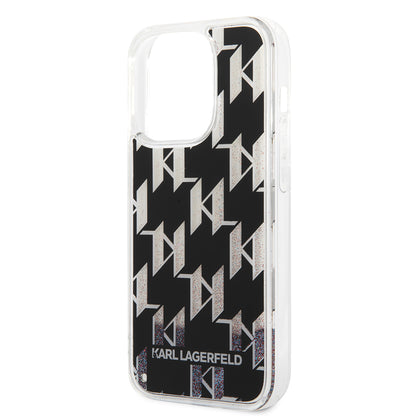 Hoes voor Apple iPhone 14 Pro, Karl Lagerfeld, Liquid Glitter Monogram, Zwart