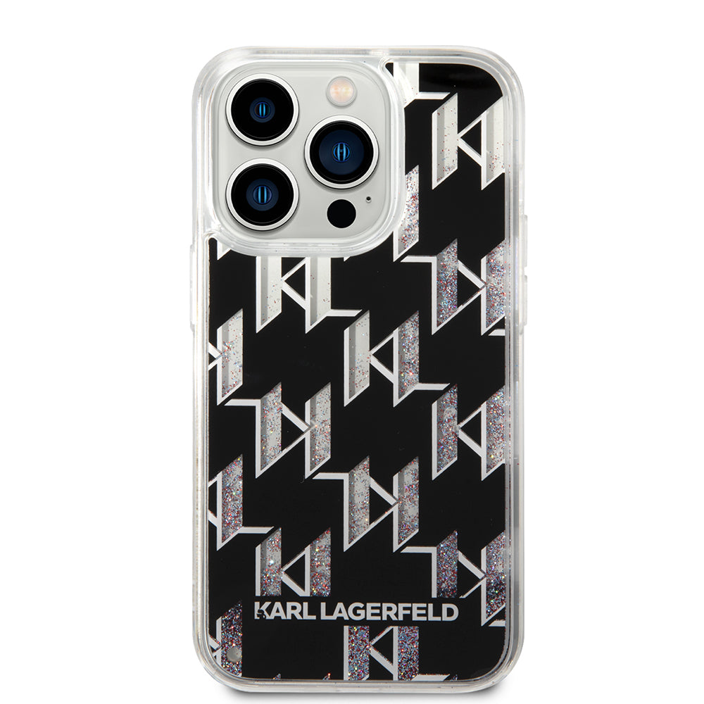 Hoes voor Apple iPhone 14 Pro, Karl Lagerfeld, Liquid Glitter Monogram, Zwart