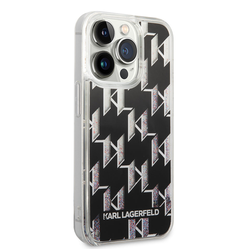 Hoes voor Apple iPhone 14 Pro, Karl Lagerfeld, Liquid Glitter Monogram, Zwart