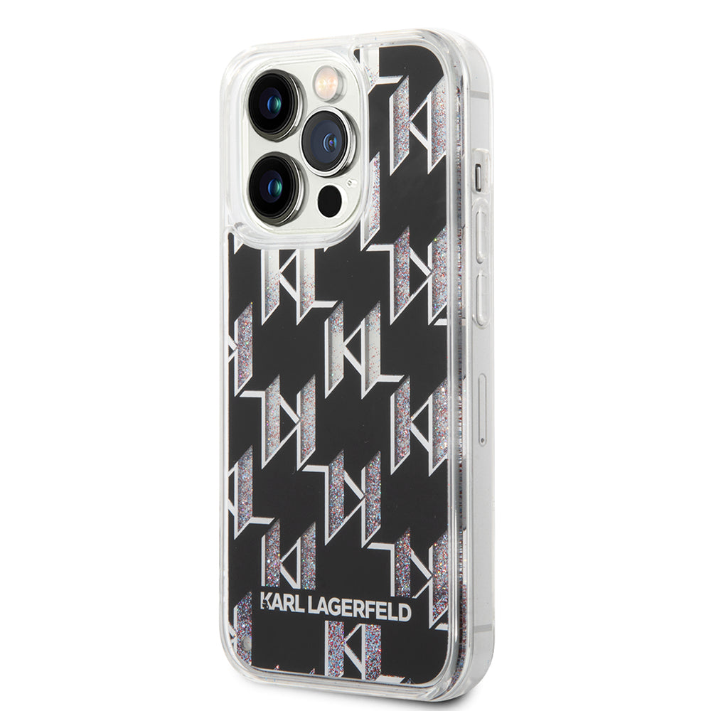 Hoes voor Apple iPhone 14 Pro, Karl Lagerfeld, Liquid Glitter Monogram, Zwart
