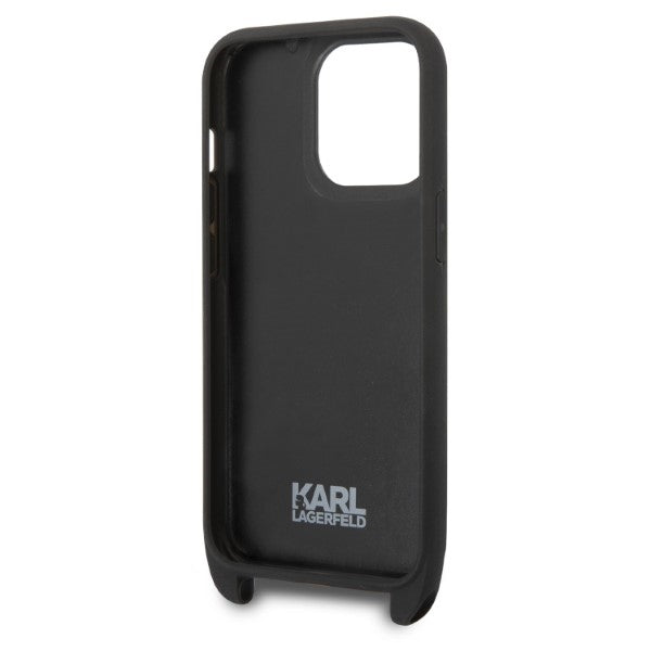 Hoes voor Apple iPhone 14 Pro, Karl Lagerfeld, Monogram Plaque Logo met Band, Zwart