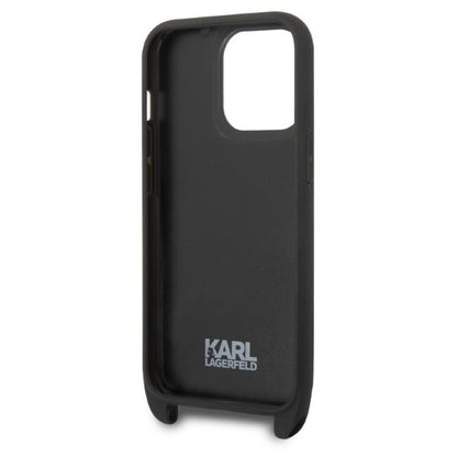 Hoes voor Apple iPhone 14 Pro, Karl Lagerfeld, Monogram Plaque Logo met Band, Zwart