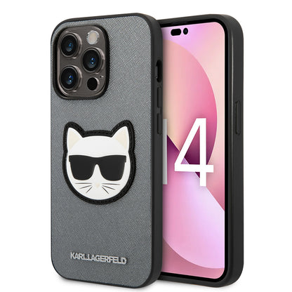 Hoes voor Apple iPhone 14 Pro, Karl Lagerfeld, Saffiano Choupette's Head, Zilverkleurig