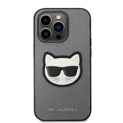 Hoes voor Apple iPhone 14 Pro, Karl Lagerfeld, Saffiano Choupette's Head, Zilverkleurig